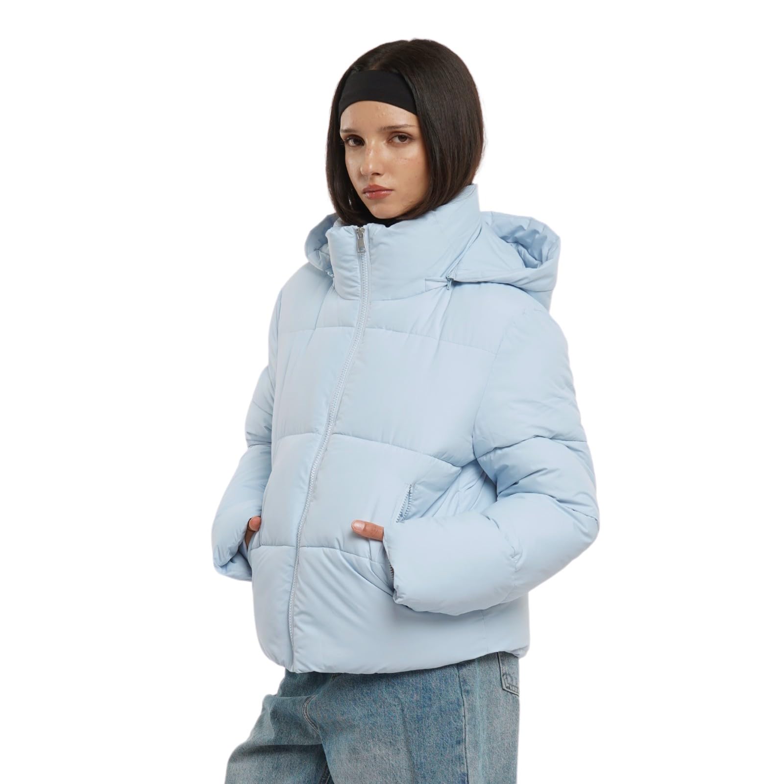 Warm Core Premium Short Puffer Jackets with Removable Hood & Optional Faux Fur Linging, Lady Casual Outerwear Longsleeves Zip Pockets Warm Quilted Coat
