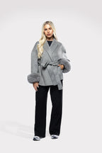 Women's Elegant Solid Color Waist Tie Fuzzy Cuff Wrap Coat, Premium Plush Long Sleeve Thermal Coat, Outerwear Jacket for Fall & Winter(CN/US)