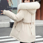 Women's winter coat with loose hood and thick synthetic fleece