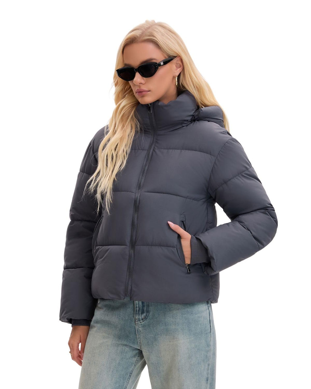 Warm Core Premium Short Puffer Jackets with Removable Hood & Optional Faux Fur Linging, Lady Casual Outerwear Longsleeves Zip Pockets Warm Quilted Coat