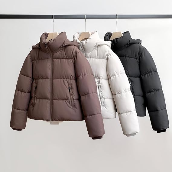 Warm Core Premium Short Puffer Jackets with Removable Hood & Optional Faux Fur Linging, Lady Casual Outerwear Longsleeves Zip Pockets Warm Quilted Coat