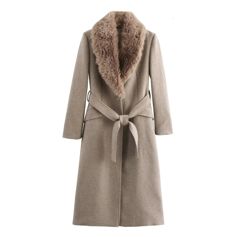 Women's Long Sleeve Lapel Single Breasted Coat with Belt Pocket - Warm Winter & Autumn Outerwear