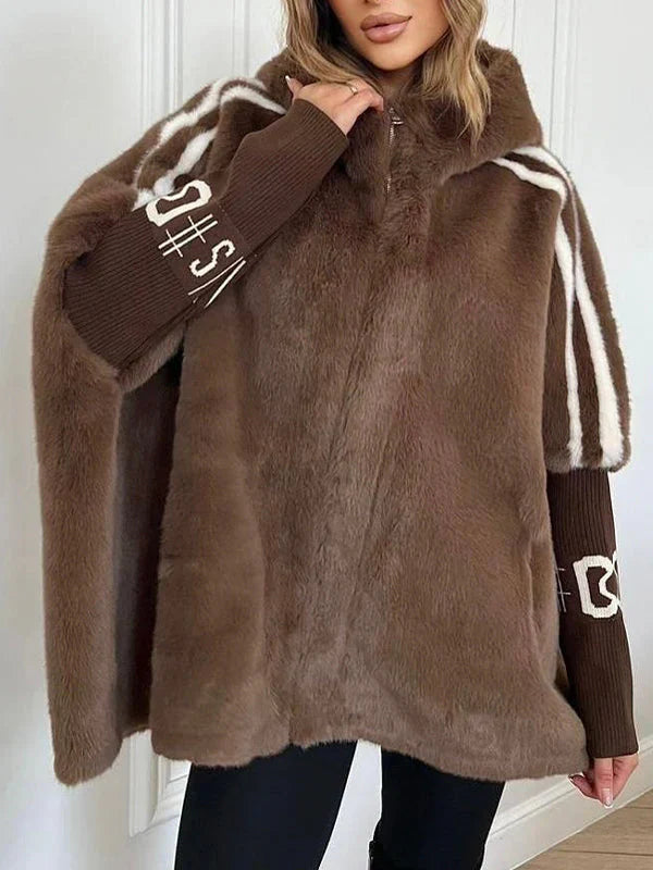 Women Plush Hooded Vertical Stripe Printed Casual Coat