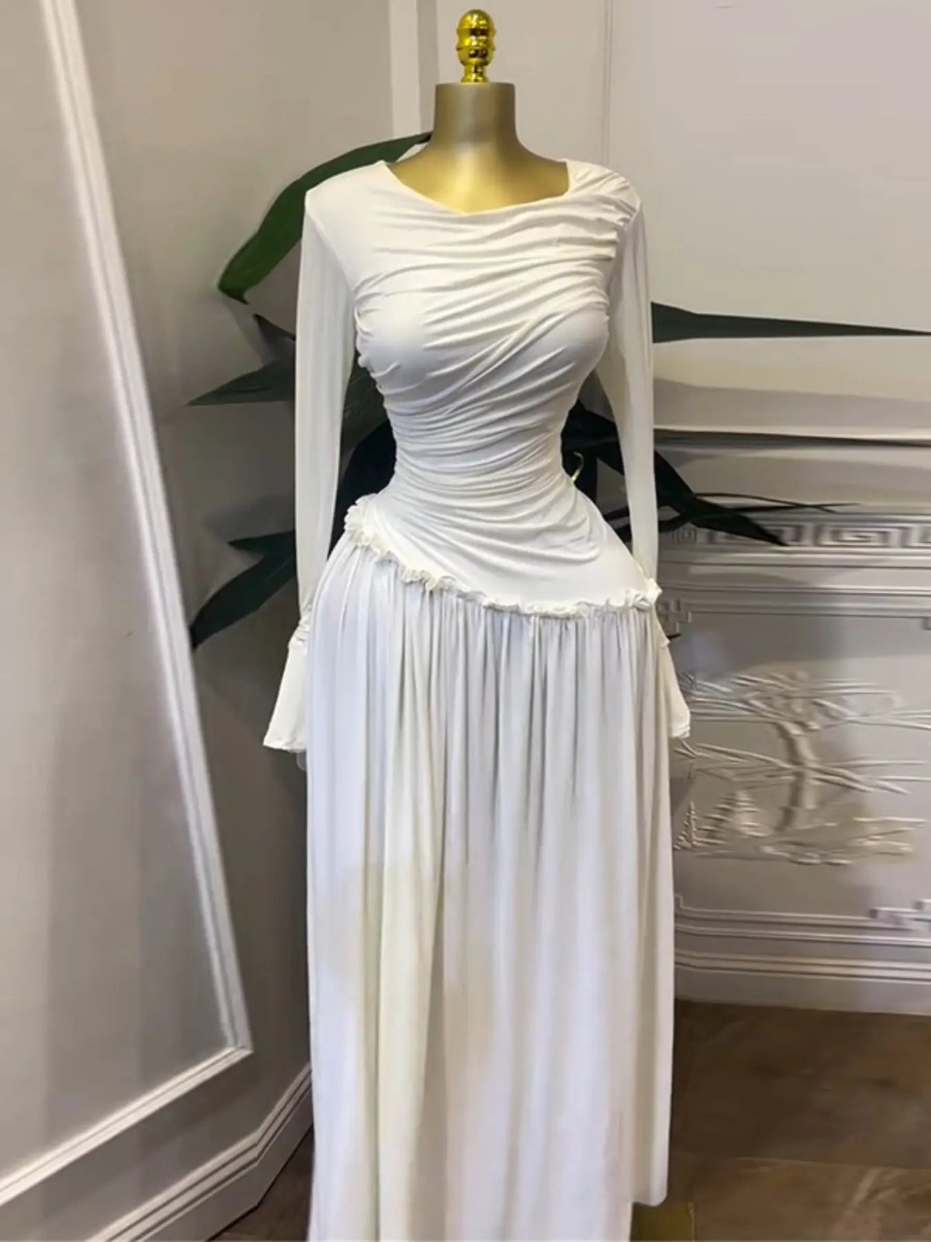 Elegant Chic Women's Long Sleeve O-Neck Big Swing Maxi Dress Woven, Fall & Winter Wear, Sweet Holiday Birthday Party Sexy Dress, Casual Style