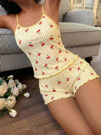 Softscene Women's Striped Cherry Print Camisole & Shorts Pajama Set