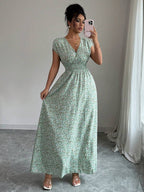 Elenzga Women V-Neck Allover Print Casual Long Dress