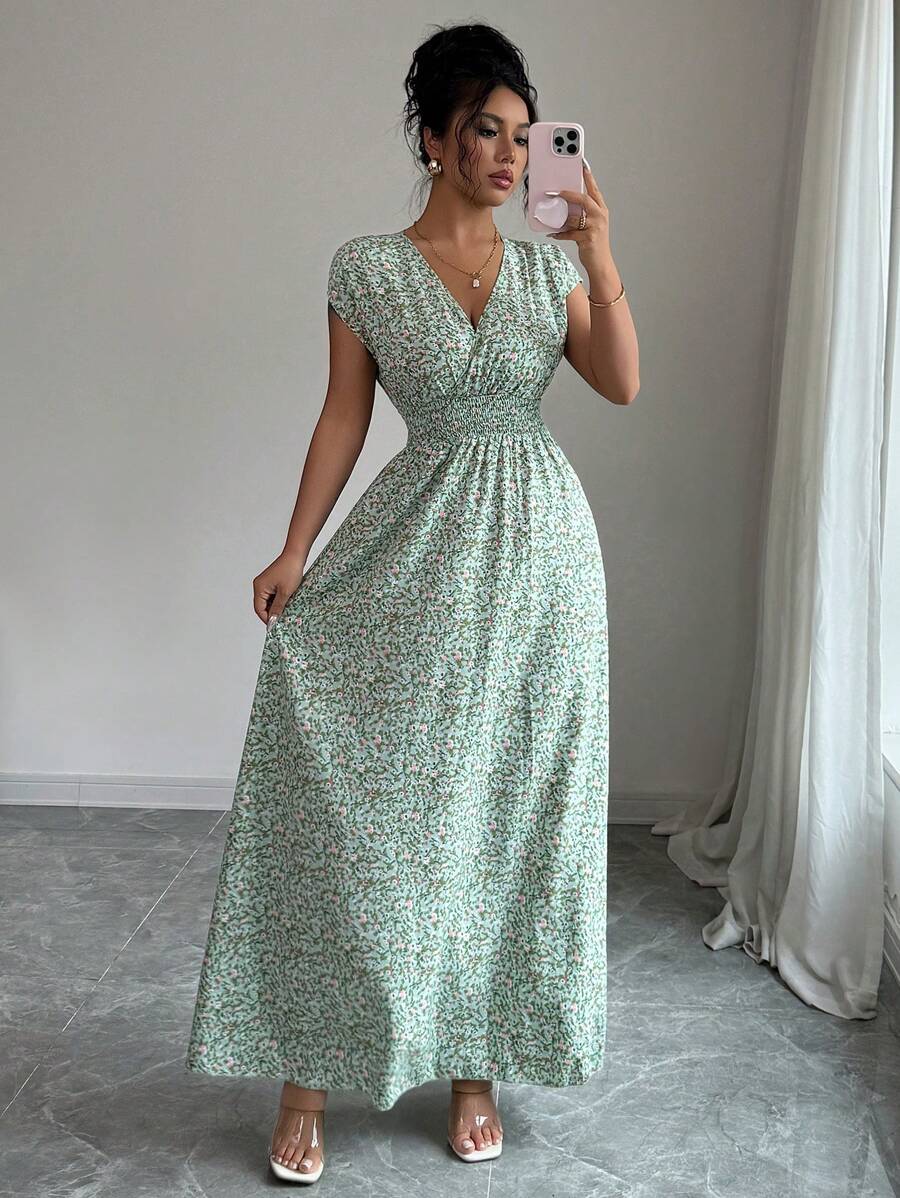 Elenzga Women V-Neck Allover Print Casual Long Dress