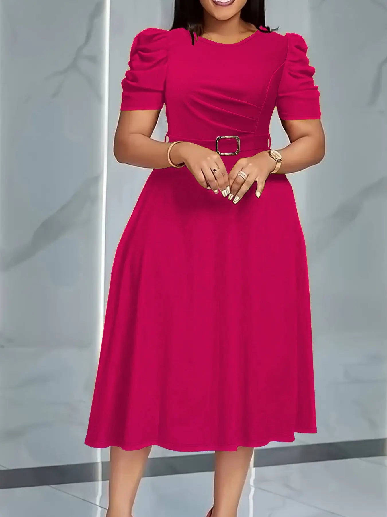 Summer Camel Bubble Sleeve Midi Dress with Waist Belt