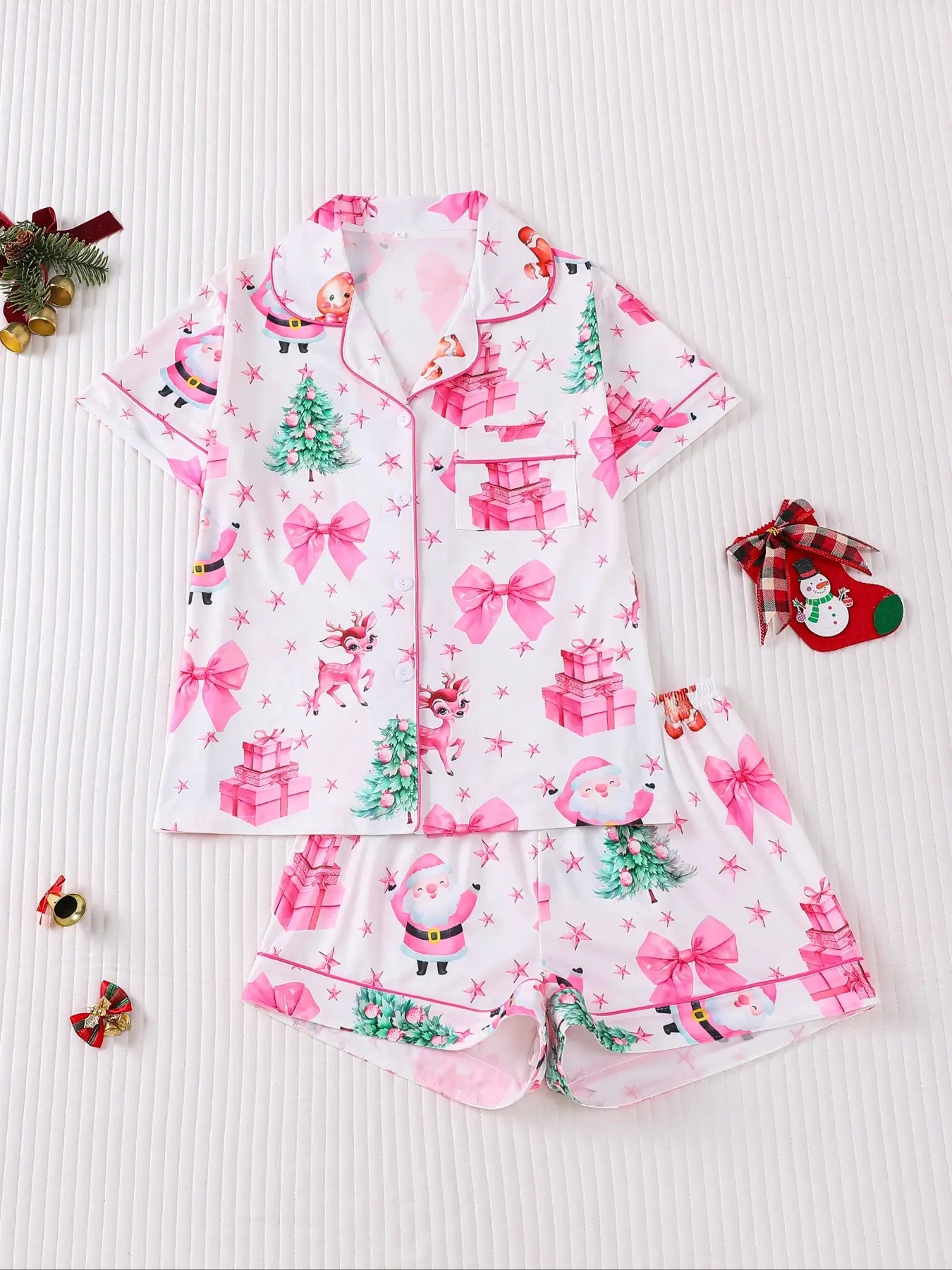 Women Christmas Pajama Set, Santa & Bowknot Tree Pattern