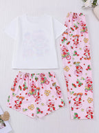 Women's Casual Cute Strawberry Print 3 Piece Pajama Set