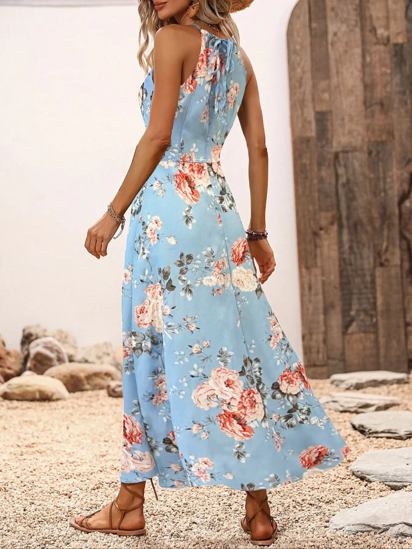 Women's Floral Print Split Thigh Halter Dress, Elegant Chic Boho Style Tie Back Design Long Dress for Spring Summer Fall, Bohemian