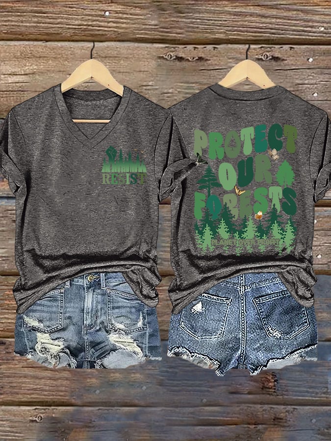 V-Neck Retro Resist Protect Our Forests Planet Over Profit Print T-Shirt