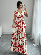 Elenzga Women V-Neck Allover Print Casual Long Dress