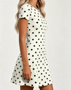 Women's Short Sleeve Summer Dress with Leopard Pattern, Digital Print Midi Dress, Polka Dot Print, Boho Style, Bohemian, Casual Wear, Crewneck, Womenswear