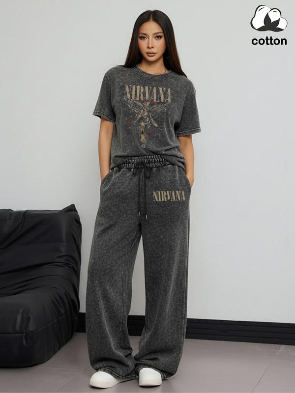 Women's Rock Style "NIRVANA" Graphic Print Cotton Co-ord Set, Vintage Distressed Short Sleeve T-shirt and Trousers Two-piece Set Outfit, Casual Round Neck T-shirt and Elastic Trousers, Summer Everyday Wear