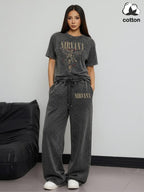 Women's Rock Style "NIRVANA" Graphic Print Cotton Co-ord Set, Vintage Distressed Short Sleeve T-shirt and Trousers Two-piece Set Outfit, Casual Round Neck T-shirt and Elastic Trousers, Summer Everyday Wear