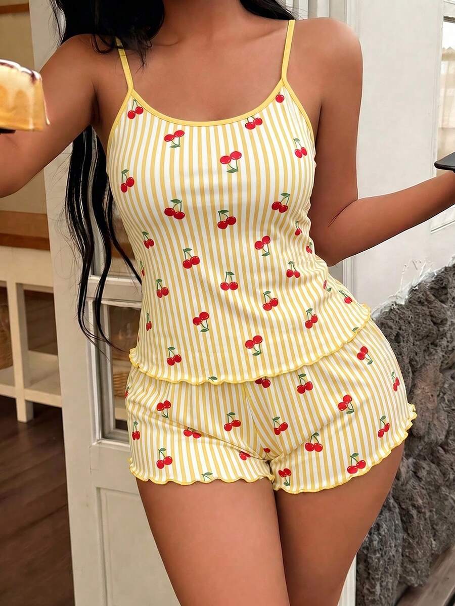 Softscene Women's Striped Cherry Print Camisole & Shorts Pajama Set