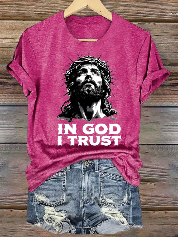 Women's  In God I Trust Christian T-Shirt, Retro Jesus Portrait Graphic Tee, Faith Based Religious Shirt