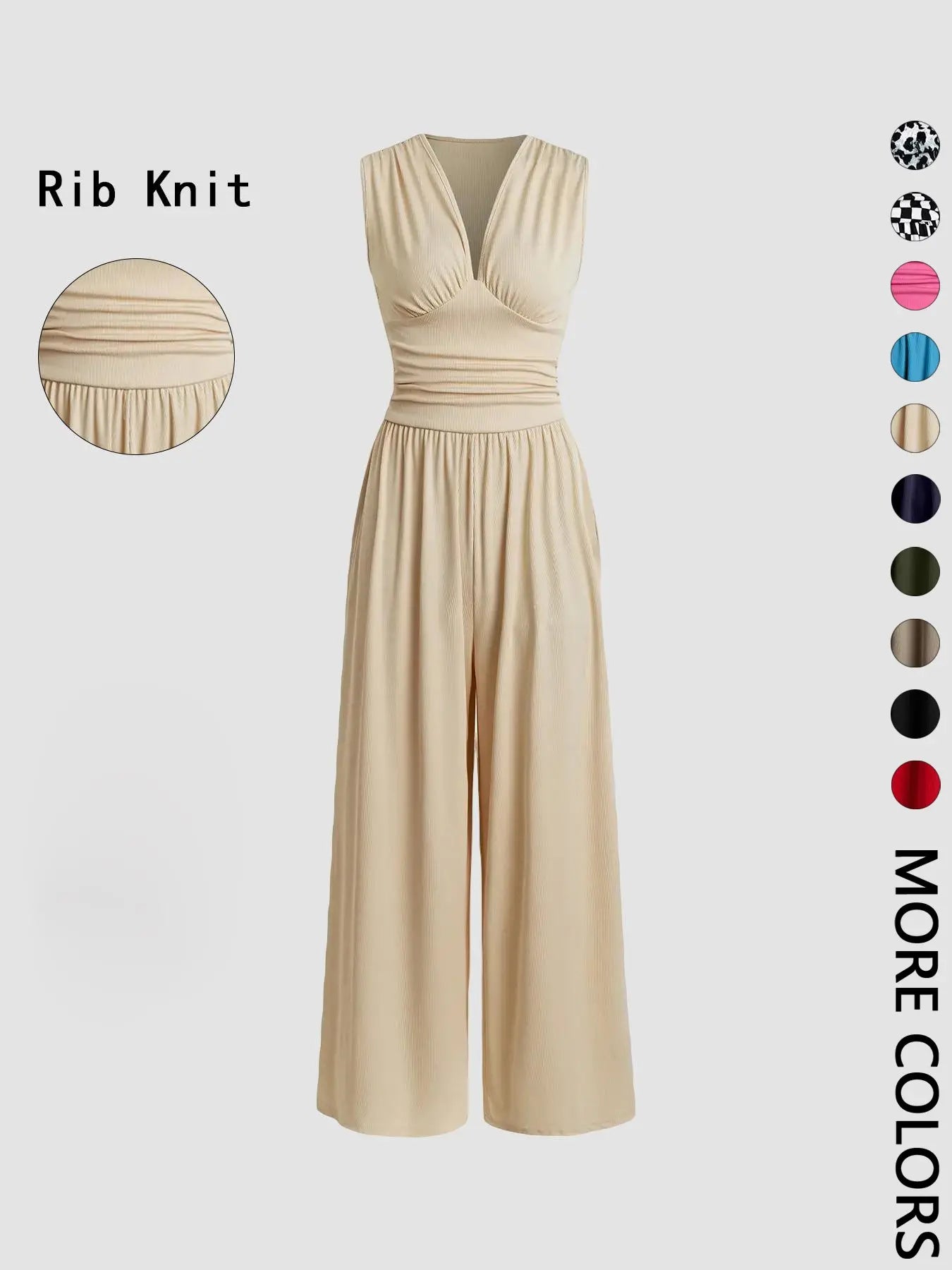Women's Plain Ruched Deep V Neck Wide Leg Jumpsuit, Casual Sleeveless Ribbed Jumpsuit for Daily Wear, Ladies Clothes for All Seasons, Womenswear Basic Minimalist