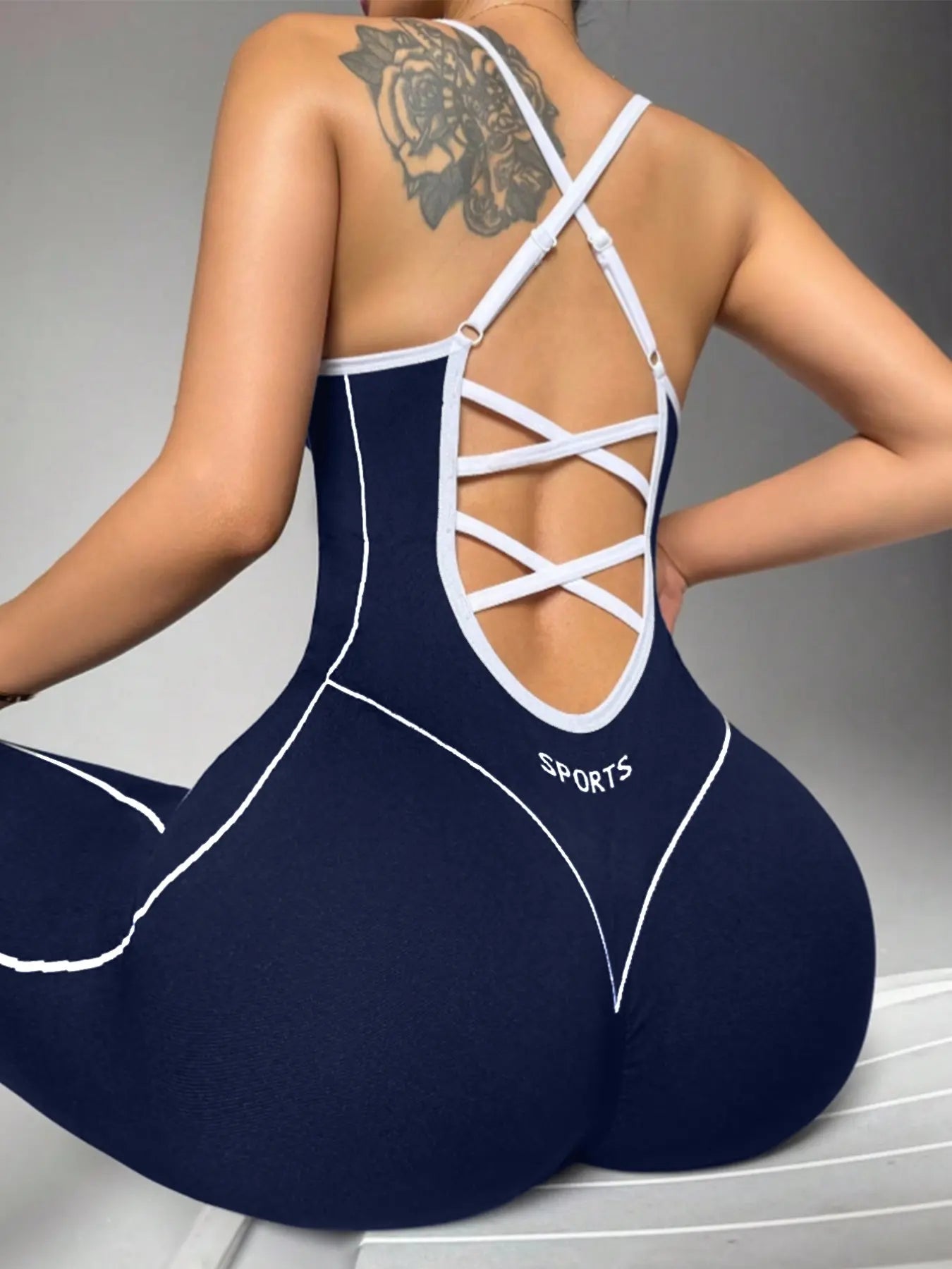 Women's Seamless High Stretch Knit Halter Sporty Jumpsuit Tight Fit Nine-Quarter Pants, Back Cross Shoulder Straps, Outdoor Cycling Gym Yoga Daily Wear