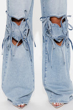 Tug On Heartstrings Non-Stretch Wide Leg Jeans - Light Wash