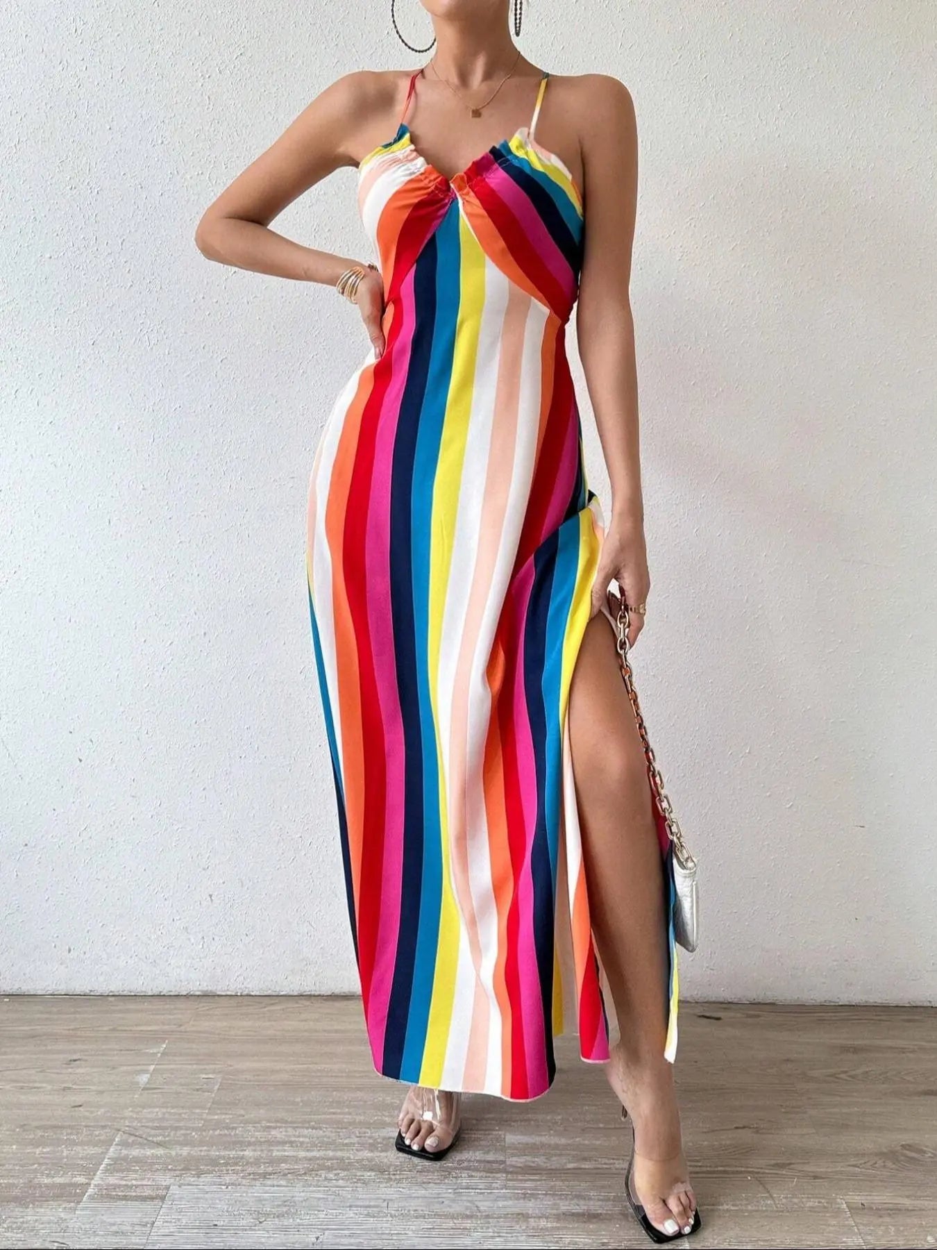 Women's Printed Split Long Sleeveless Dress, Classic Stripe Design, Backless Criss Cross Strap, Spring Summer Fall Wear, Casual Boho Elegant Bohemian Style Womenswear