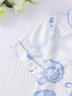 2pcs Women Pajama Set, Seashell Print, Ladies Homewear, Spring/Summer Holiday Outfit, Short Sleeve Lapel Top And Shorts Can Be Worn Outerwear