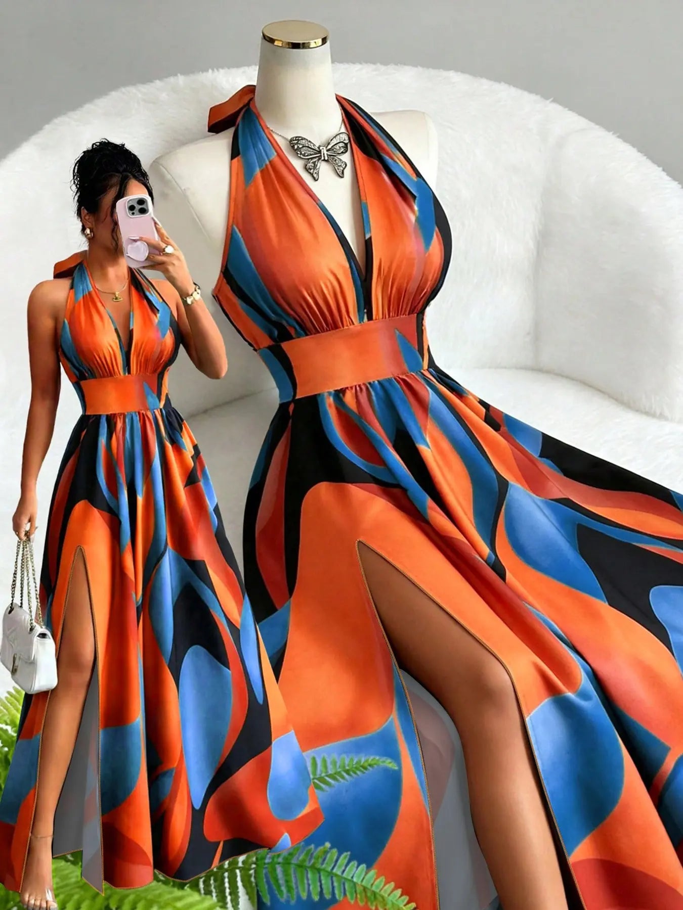 All Over Print Halter Long Dress with Deep V Neck and Split Hem