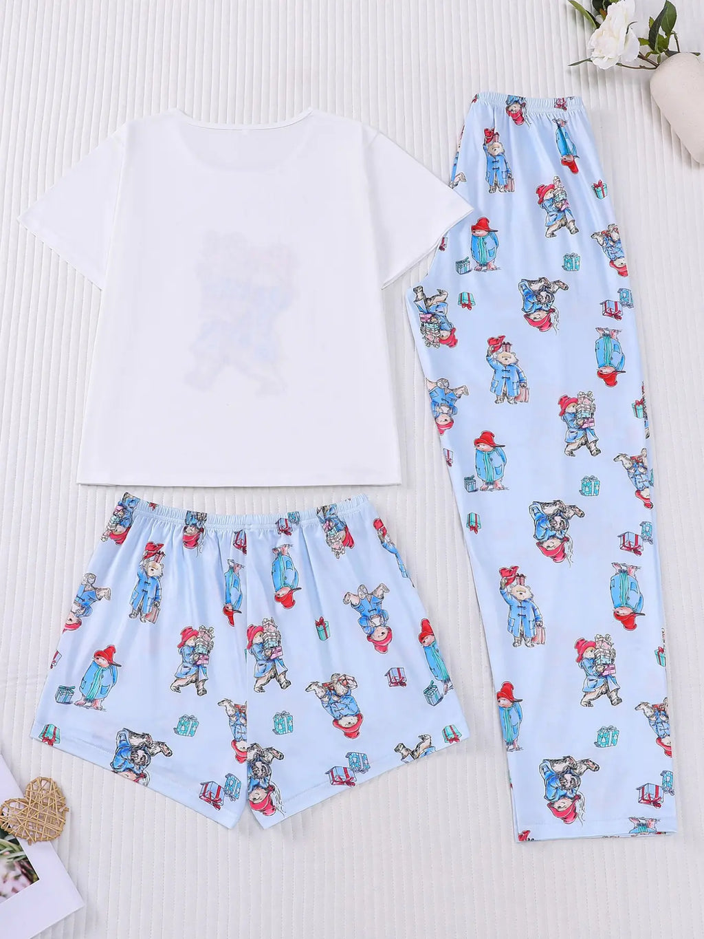 3-Piece Casual Women Pjs Pajama Set with Padding Bear Print
