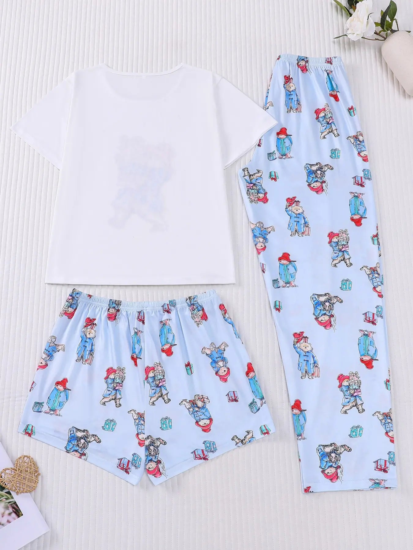 3-Piece Casual Women Pjs Pajama Set with Padding Bear Print