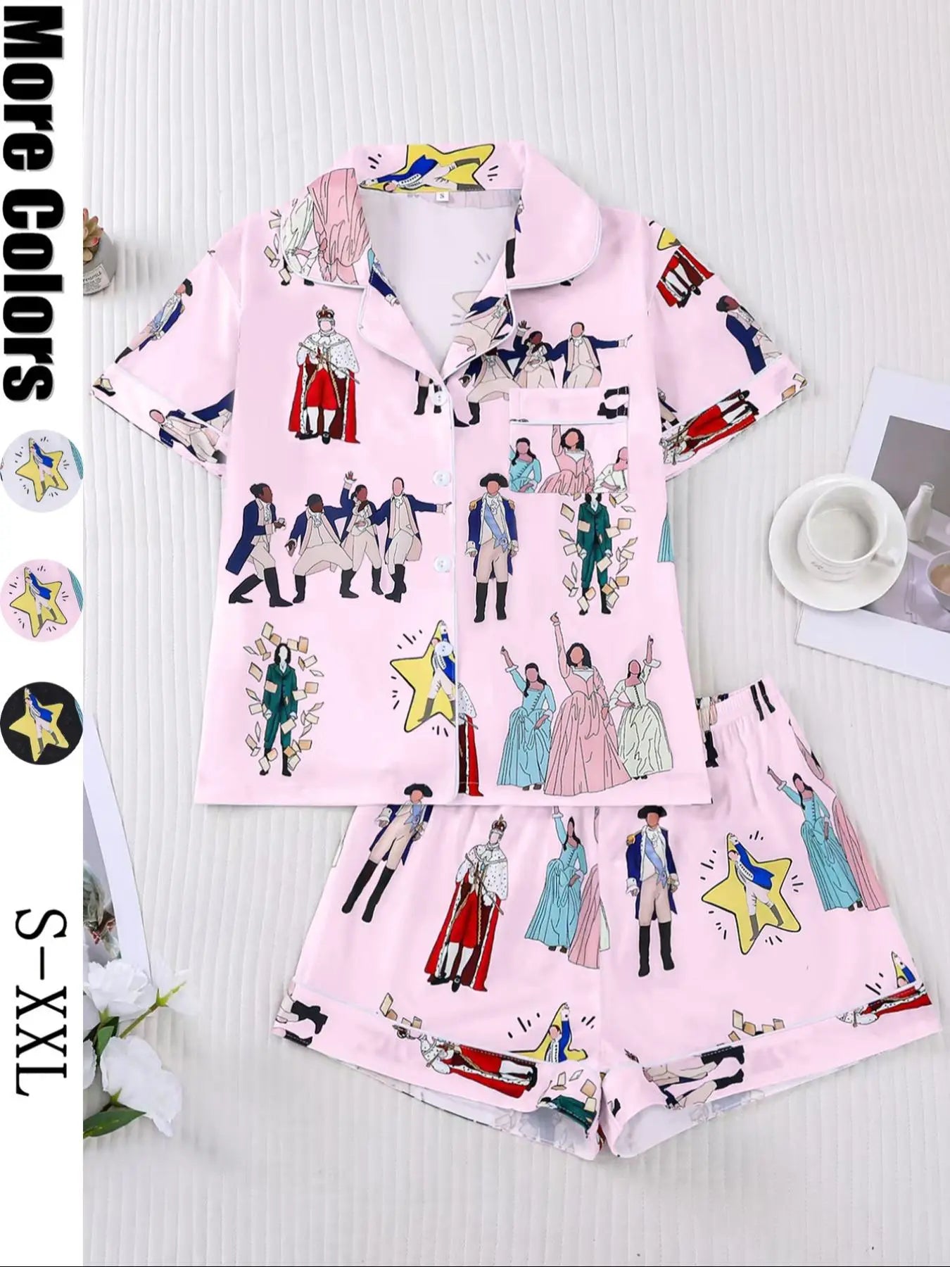 Hamilton Musical Themed Women's Pajama Set, Short Sleeve Shirt Collar Button Soft Top & Elastic Shorts, Casual Home Wear