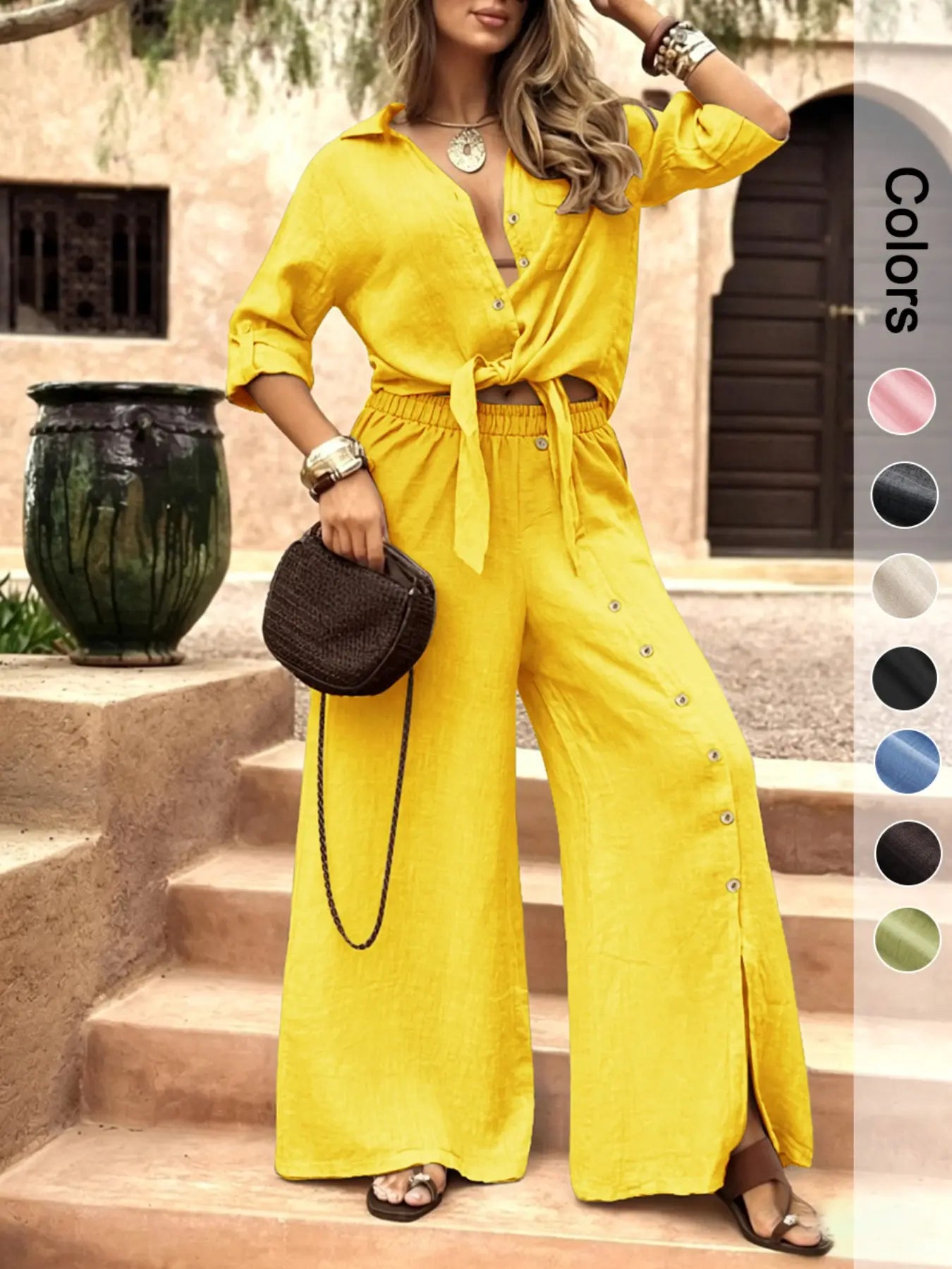 Women's Two-Piece Vacation Style Shirt and Pants Set, Tie-Down Hem Shirt with Fake Button Decoration, Wide Leg Pants Set, Loose