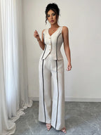 Colorblock V-Neck Sleeveless Button Vest Set Suits with Wide Leg Pants, Spring & Fall Fashion, Minimalist, Slim Fit, Plain Pattern, Natural Waist, Womenswear