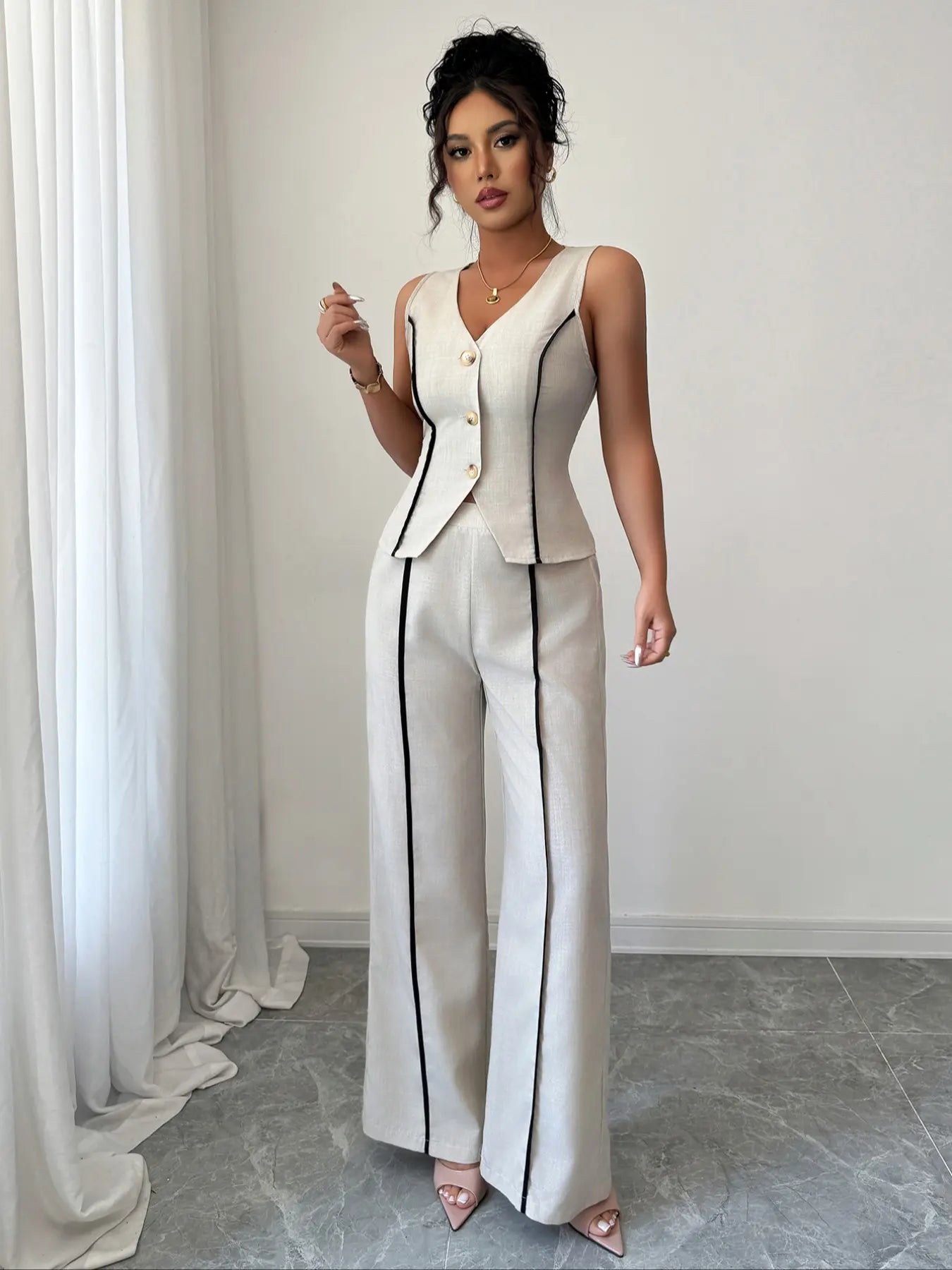 Colorblock V-Neck Sleeveless Button Vest Set Suits with Wide Leg Pants, Spring & Fall Fashion, Minimalist, Slim Fit, Plain Pattern, Natural Waist, Womenswear