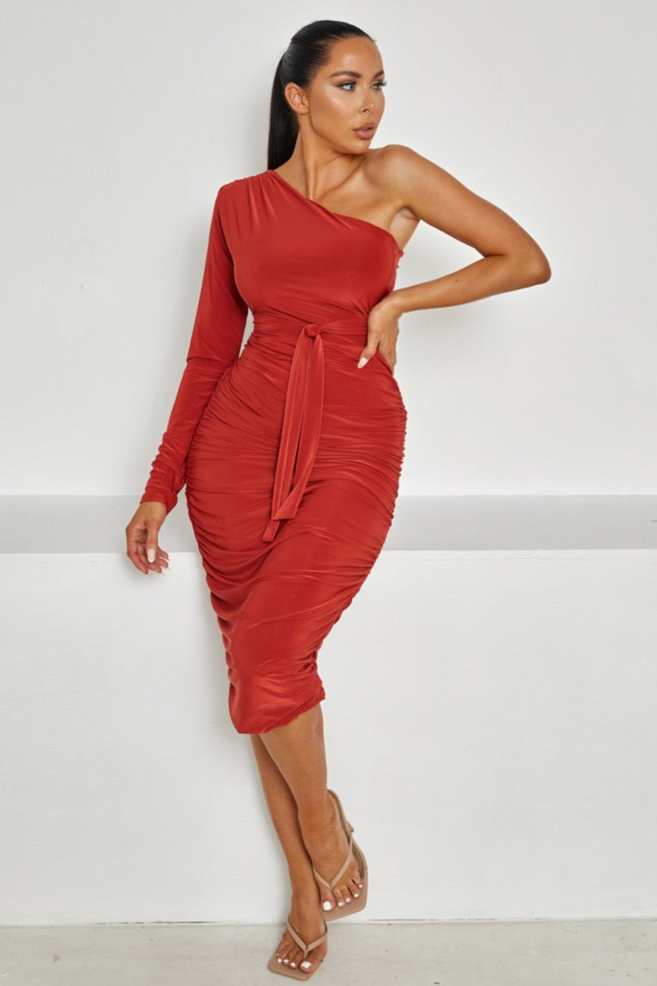 One Shoulder Ruched Slinky Midi Dress