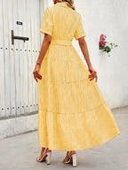 Women's Striped Print Adjustable Belted Button Dress, Elegant Chic Casual Fashion Long Dress for Summer, Breathable Lightweight Dress, Women's Clothing for Daily Wear, Fit, Womenswear, Maxi
