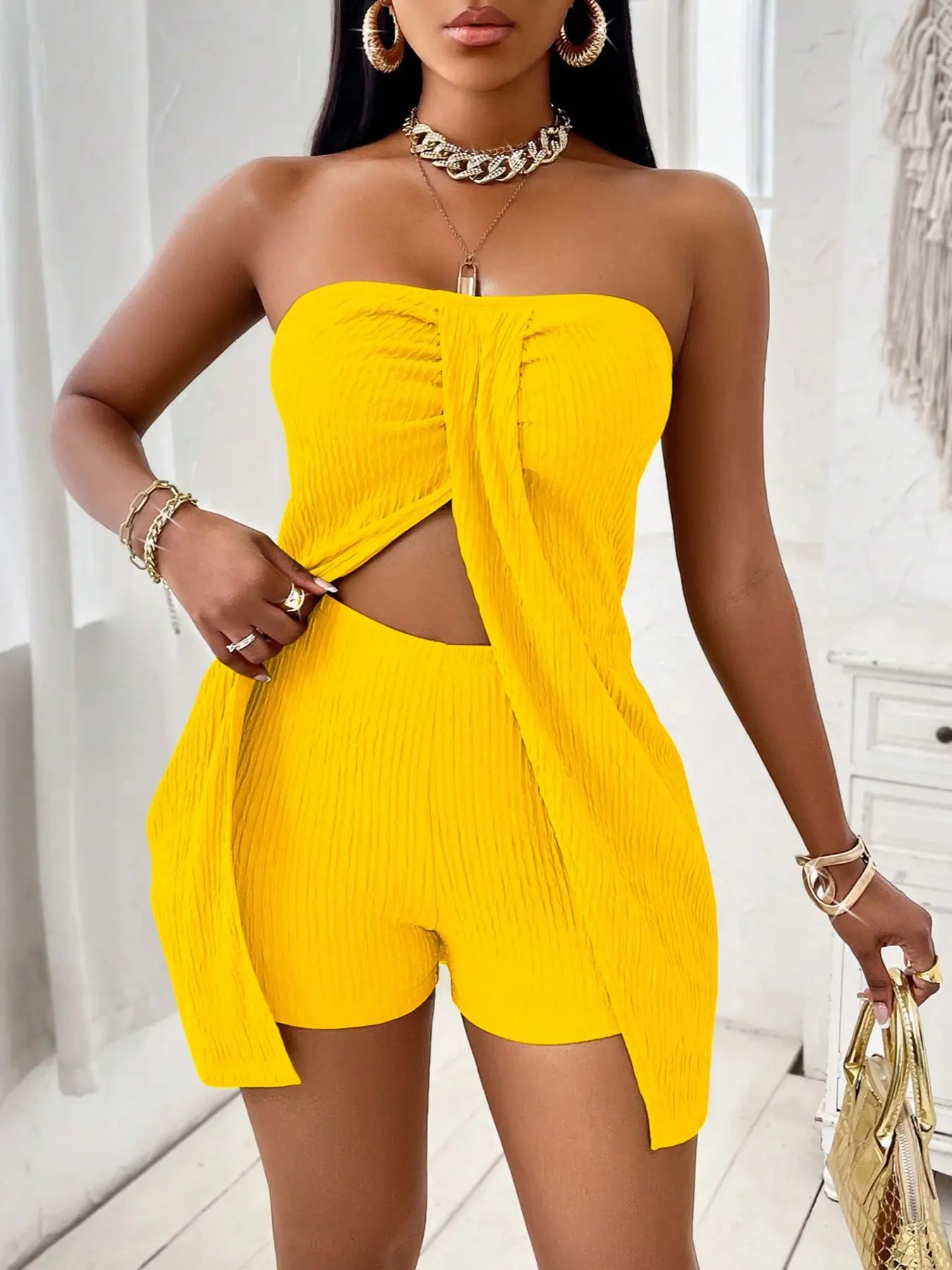 Women's Summer Plain Textured Fabric Twist Front Split Sleeveless Top Short Pants Set, Elegant Slim-Fitting Two-Piece Slit