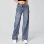 Women's Street Chic High Waist Multi-Pocket Baggy Denim Wide Leg Jeans, Versatile Streetwear Outfits, Asymmetric Waist Denim Trousers