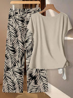 Women's 2 Pieces Set,Orange And White Plants Pattern Twist Tee & Long Pants,Summer Boho Holiday Vacation Holiday Beach Festival Outfit Woven Fabric