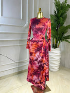 Elegant Feminine Women's Printed O-Neck Long Sleeve Ruffled Satin Belted Long Prom Dress, Club Sexy Evening Party Outfit Gown, Formal Wear, Female Fashion Music Festival Dress,Romantic Lady Skirt,Graduation Season Dress