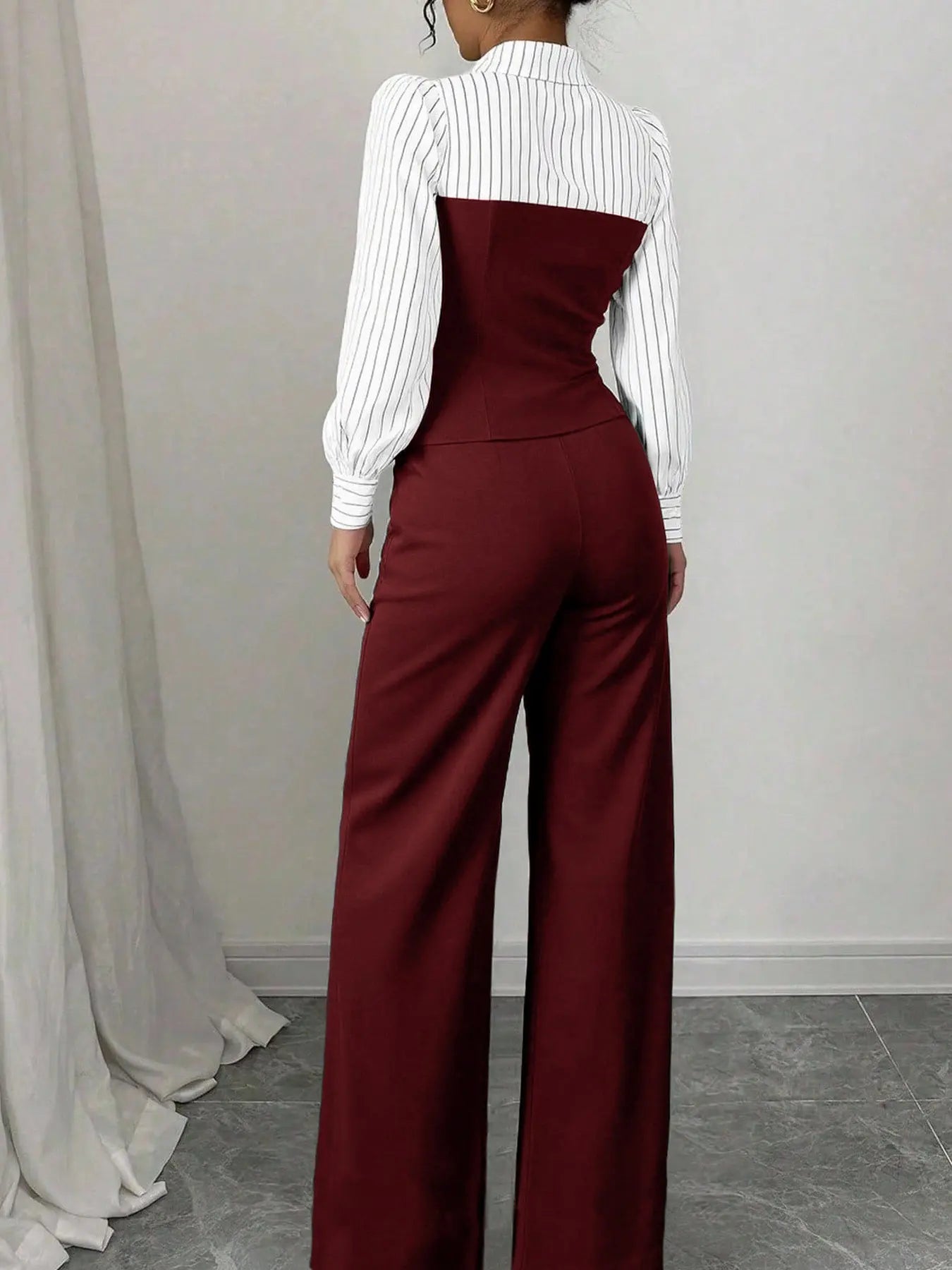Women's Long Sleeve Colorblock Patchwork Shirt Set, Slimming Waist Design, Straight Leg Pants, Casual Fashion, Chic, Style, 2 Piece Set, Womenswear