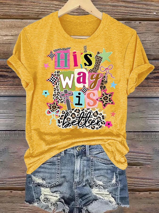Women's  His Way Is Better Faith T-Shirt, Leopard Print Christian Women Graphic Tee, Cute Religious Casual Everyday Shirt