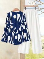 2pcs Women Contrast Color Print Shirt And Pants Set Old Money Style Business Casual Woman Blouse Sets For Ladies Two Piece