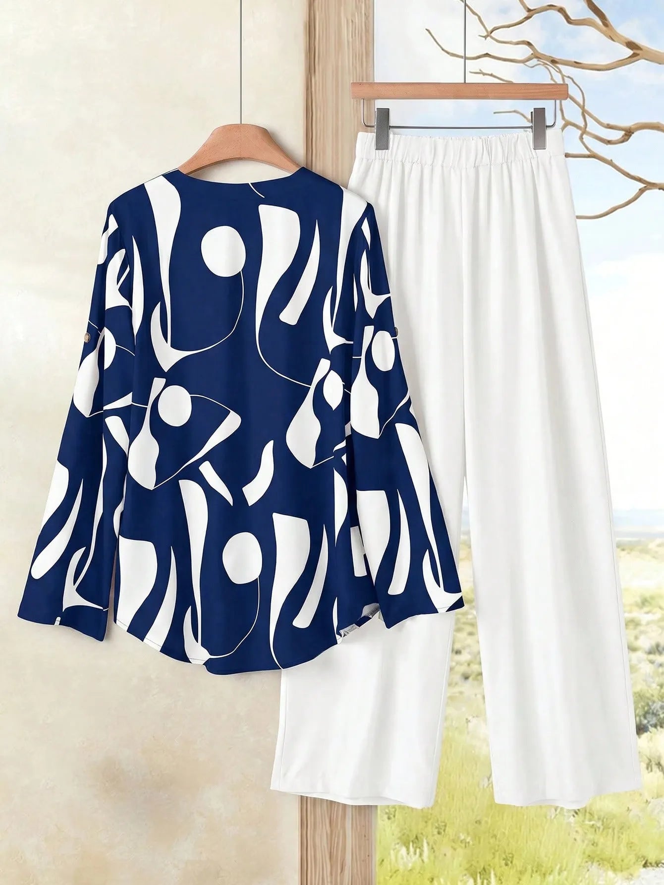 2pcs Women Contrast Color Print Shirt And Pants Set Old Money Style Business Casual Woman Blouse Sets For Ladies Two Piece
