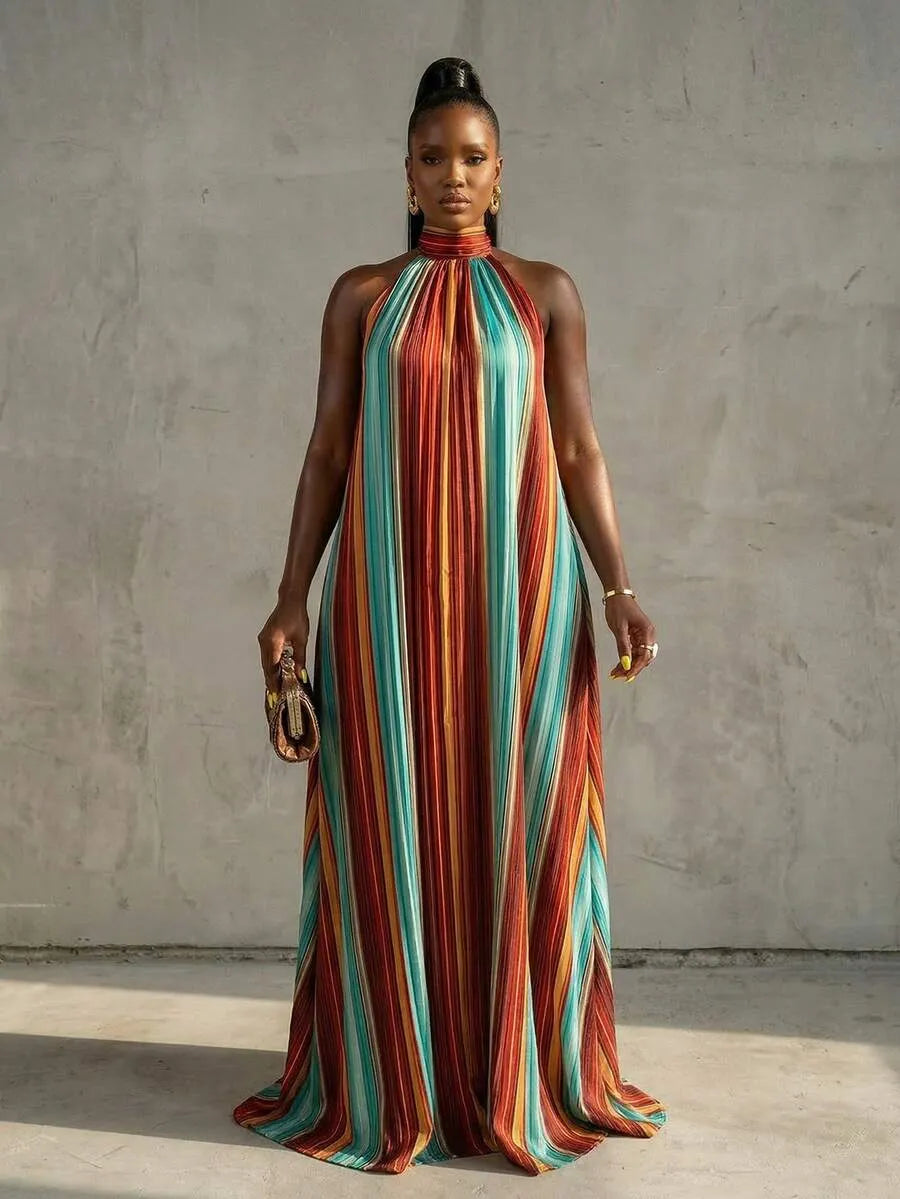 BamGlimmer Women's Colorful Striped Backless Dress For Vacation Resort Wear Multicolor Dress Pleated Maxi Dress Juneteenth Dress Rainbow Dresses For Women