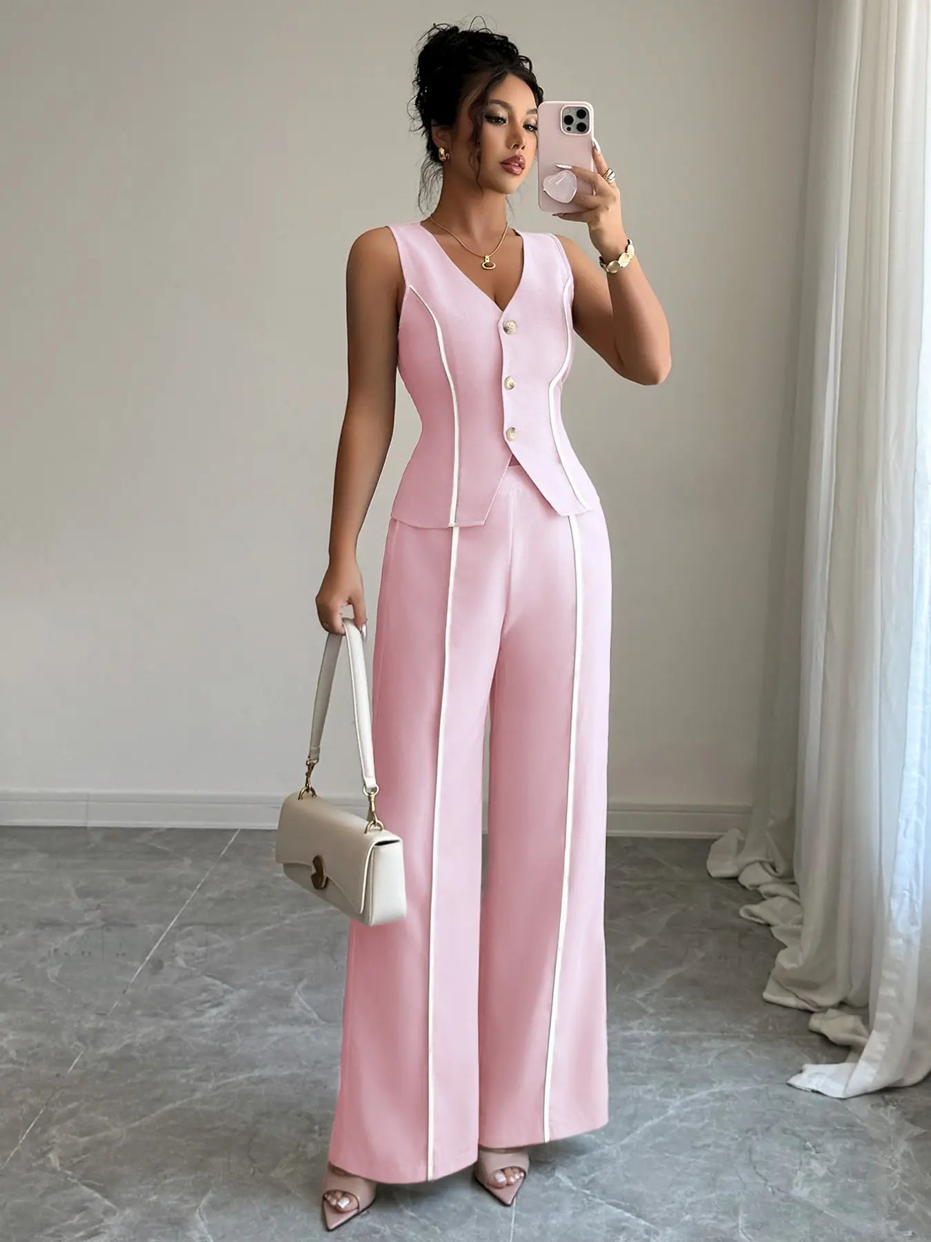 Colorblock V-Neck Sleeveless Button Vest Set Suits with Wide Leg Pants, Spring & Fall Fashion, Minimalist, Slim Fit, Plain Pattern, Natural Waist, Womenswear