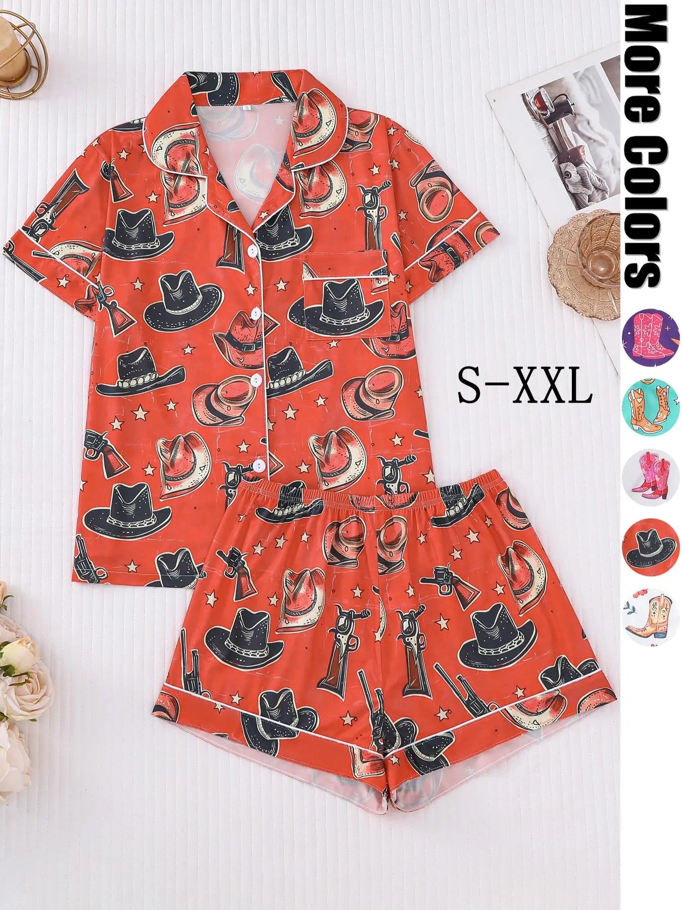 Women's All Over Cowboy Print Lapel Neck Button Front Pajama