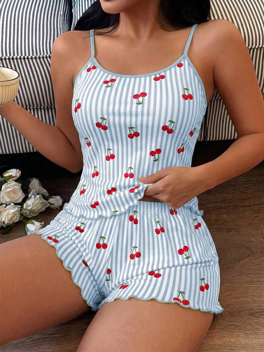 Softscene Women's Striped Cherry Print Camisole & Shorts Pajama Set