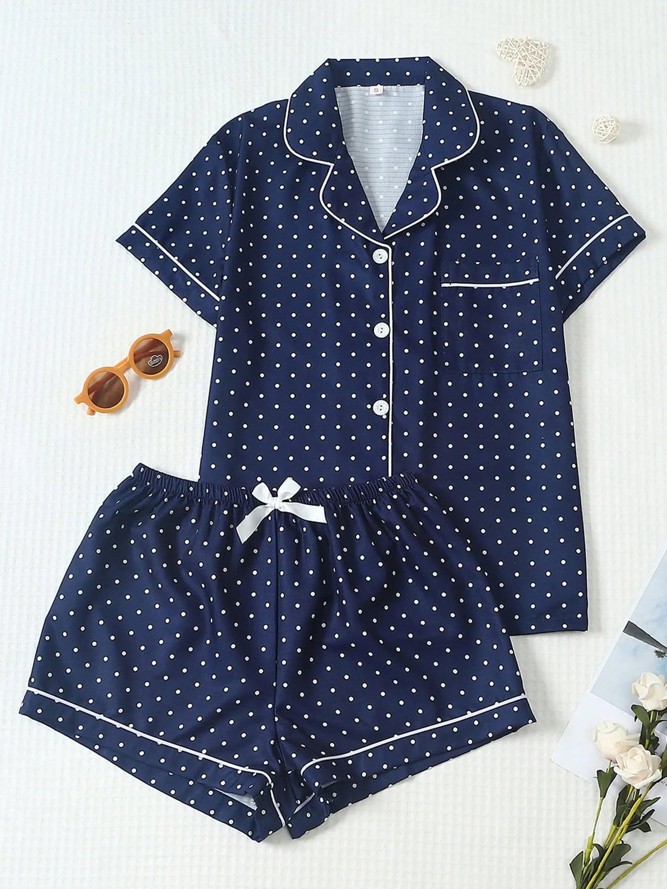 2pcs/Set Women's Mini Polka Dot Printed Pajama Set With Contrast Trim Button-Down Shirt And Bowknot Shorts, Perfect For Home Wear In Summer White Set,Two Pieces Set