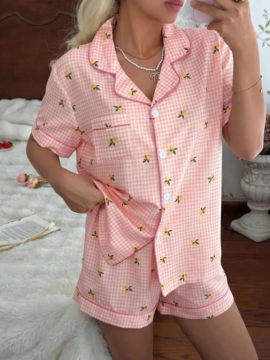 CottageSlumber Women's New Lemon Plaid Print Button-Front Short Sleeve Shorts Pajama Set